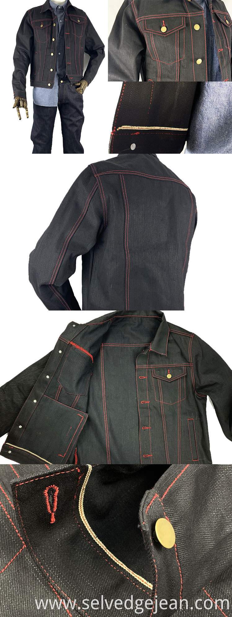 17oz trucker modified type 100% long staple cotton japanese selvedge black denim jacket custom red thread available for men